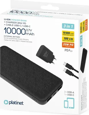 Image de Platinet power bank + USB charger 10000mAh Kit PMPB10SETB, black