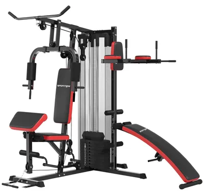 Produktbild von Mehrzweck-Trainingsstation mit 65 kg Gewichtsblock, verstellbar, fürs Heimtraining, Stahl, Kunstleder