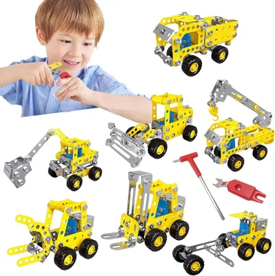 Produktbild von Metallbaukasten Baustellenfahrzeug, 180 Teile, 7 Modelle, Spielzeug für Kinder