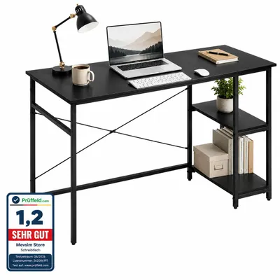 Produktbild von Lina® Computertisch, im Industrie Design, aus Holz, 120x60x75cm, Bürotisch, Holz + Regal Schreibtisch, für Wohnzimmer, Büro mit 2 ablagen - Schwarz