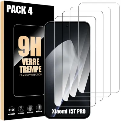 Image de Verre Trempé pour Xiaomi 15T Pro - Installation Facile Anti-Rayures 9H Résistant Transparent Pack de 4
