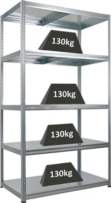 A metal shelving unit with four shelves, each with a black weight labeled '130kg' on it.