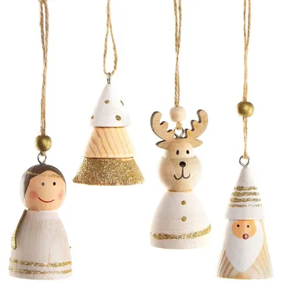 Produktbild von Weihnachtsanhänger Set - Engel + Baum + Rentier + Nikolaus Natur Gold weiß