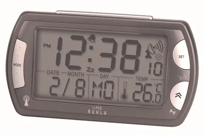 Obrázok produktu pre Rádiom riadený budík UMR s veľkým LC displejom, kalendárom, zobrazením teploty a rádiového signálu, sivý