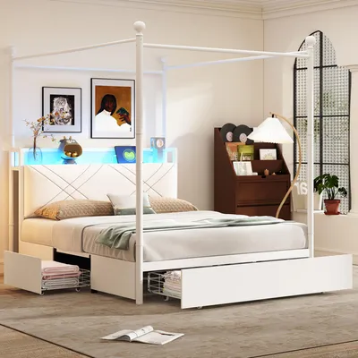 Produktbild von Himmelbett 140x190 Weiß aus Metall, Baldachin-Bett mit 3 Schubladen & Stauraum, LED-Beleuchtung & Ladestation (USB/Type-C), abnehmbare Bettpfosten ohne Matratze