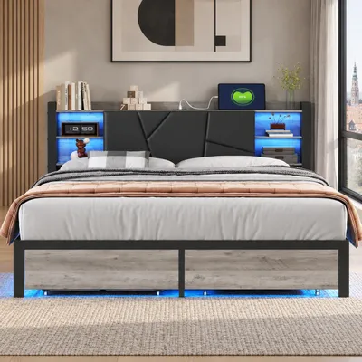 Image de Lit en métal INONEFT, lit rembourré 160x200 avec éclairage LED et fonction de charge USB, lit double avec tête de lit, espace de rangement et 2 tiroirs, revêtement en PU, couleur noire