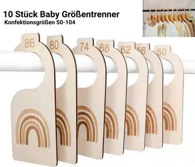 Produktbild von 10 Stück Baby Größentrenner Konfektionsgrößen 50-104, Babykleidung Trenner Holz, Kleiderschrank Trennwände, 18 cm, 10 Stück