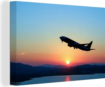 Obrázek produktu pro OneMillionCanvasses® - Výtisky na plátně - 140x90 cm, Vzlet letadla při západu slunce, nástěnné umělecké výzdoby výtisků na zeď