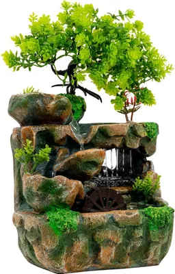 Produktbild von Zimmerbrunnen Naturlandschaft - Tischbrunnen - Handgeschnitztes Harz - LED-Beleuchtung - Beruhigender Wasserfluss - Tischdekoration - Grün