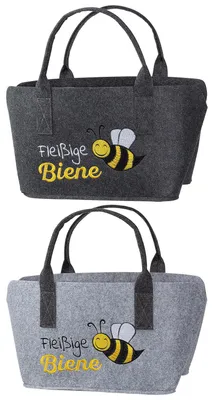 Zdjęcie produktu dla Gilde Tasche "Pracowita pszczoła", motyw pszczół, nadruk, wzór w paski, filc, jasnoszary, ciemnoszary, szerokość: 25 cm, wysokość: 40 cm, głębokość: 26 cm, numer artykułu: 45541, kod kreskowy: 4063387455418, zestaw 2 sztuk (sortowany)