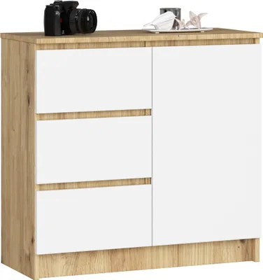 Produktbild von Komoda AKORD JERRY Dąb Artisan 80 cm 1 drzwi 3 szuflady kolor Biały mat 2 półki 80x35x77 cm