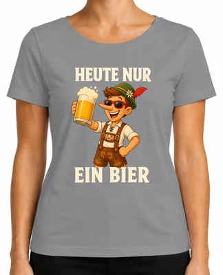 Immagine prodotto di Oggi solo una birra. Pantaloni di pelle Pinocchio. Camicia tradizionale bavarese. Abito tradizionale bavarese da donna. T-shirt, grigio, taglia S