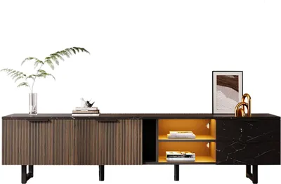 Produktbild von 200cm TV-Schrank mit schwarzer Marmoroptik, dunklen Holzmasertüren, verstellbarer LED-Beleuchtung, zwei Türen und zwei Schubladen
