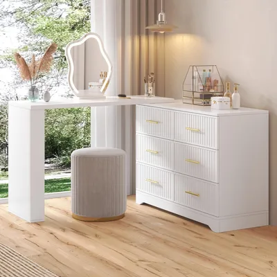 Immagine prodotto di Tavolino da trucco MODFU con specchio a LED, tavolino da parrucco girevole con 6 cassetti, moderno tavolino per cosmetici, design 2-in-1 utilizzabile anche come scrivania, bianco e oro