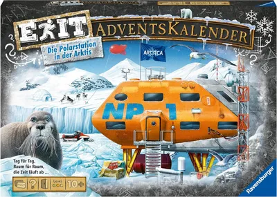 A winter scene with an arctic research station, a walrus, and a snowmobile.