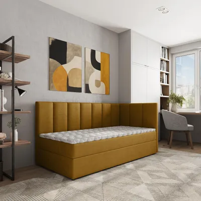 Produktbild von Masseno Boxspringbett BEVE 100x200 cm Komplett-Set mit Bonell Matratze und Topper, Polsterbett mit Bettkästen -Gelb, KRONOS 01