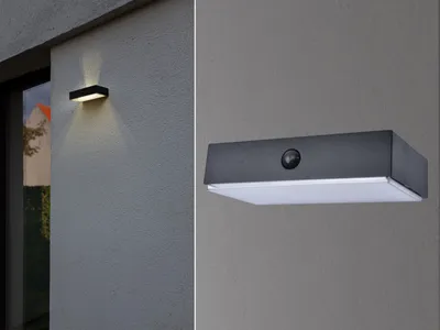 A collage showing two views of a modern outdoor wall light. The left side shows the light mounted on a textured wall, illuminating upwards and downwards. The right side is a close-up of the light, revealing a motion sensor.
