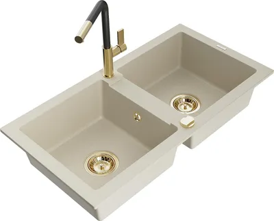 Immagine prodotto di Mexen Mario lavello da cucina in granito a 2 vasche con rubinetto Flora, beige - 6504-69-670401-57-G