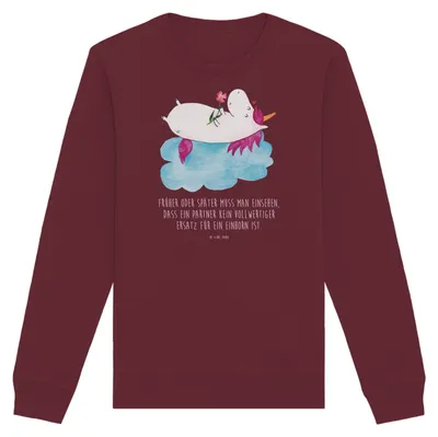 Produktbild von Mr. & Mrs. Panda Baumwoll Pullover Einhorn Verliebt Größe XS - Burgundy - Geschenk, Sweatshirt, Einhörner, Bio-Pulli, Freundin, Unicorn, Liebe, Sweater, Pulli