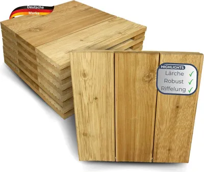 Produktbild von Holzfliese Lärchenholz 43x43cm - Fliese Geriffelt | Terrassenfliese Holz quadratisch Terrassendiele mit Unterkonstruktion Balkon Bodenfliese
