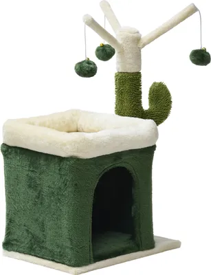 Immagine prodotto di Fudajo tiragraffi con design cactus alto 70 cm, tiragraffi per gatti in verde/beige, albero per gatti con casetta per gatti e 3 palline da gioco, albero da arrampicata per gatti