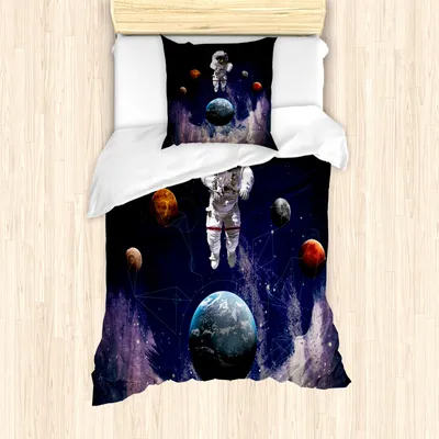 Produktbild von ABAKUHAUS Weltraum Mantele, Planeten Astronauten-Weltraum, Milbensicher Allergiker geeignet mit Kissenbezügen, 135 cm x 200 cm - 80 x 80 cm, Mehrfarbig