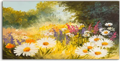 Produktbild von Coloray Acrylbild 140x70 Wandbild Acrylbilder Bunte Malerei Feld der Gänseblümchen