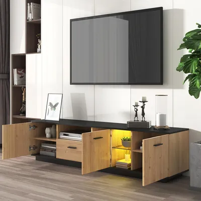 Produktbild von MODFU TV-Schrank Fernsehschrank TV-Lowboard 180cm mit 1 Schublade, 3 Türen, 2 offene Fächer mit Glas TV-Möbel, 15 variable LED-Leuchten, Holzfarbe