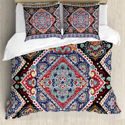Produktbild von ABAKUHAUS Ethnisch Bettbezugs Set Für Doppelbetten, Lebendiger Vintage Bohemian, Milbensicher Allergiker geeignet mit Kissenbezügen, Mehrfarbig