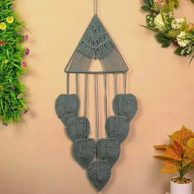 Produktbild von Handgewebter Baumwoll Wandbehang mit Blatt Quasten, Makramee Wandteppich Boho Wanddeko für Wohnzimmer Schlafzimmer, Blaugrau