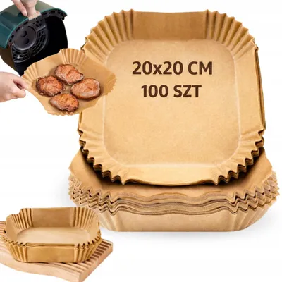 Zdjęcie produktu dla Papierowe wklady do frytkownicy na gorace powietrze - 20 x 20 cm - 100 sztuk - zapobiegajace przypalaniu - frytkownica - do Airfryer