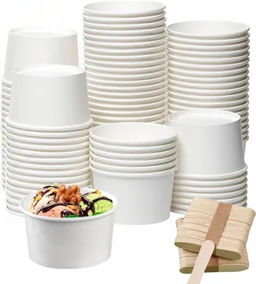 60 Papier-Eisbecher 170 ml mit Holzlöffel, weiß