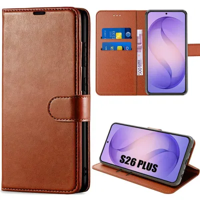 Image de Coque pour Samsung Galaxy S26 Plus, Protection Intégrale Antichoc Anti-Rayures Cuir Synthétique - Marron