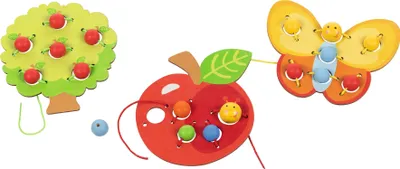 Produktbild von Fädelspiel Obstgarten, 3 Motive (Apfel, Baum, Schmetterling)