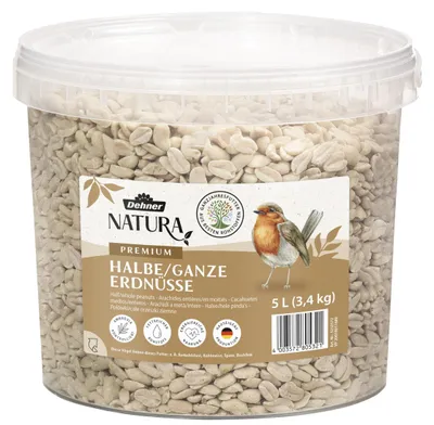 Produktbild von Dehner Natura Premium Wildvogelfutter, halbe / ganze Erdnüsse schalenfrei, Ganzjahresfutter proteinreich / energiereich, hochwertiges Vogelfutter für Wildvögel, 3.4 kg