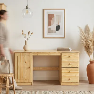 Produktbild von Schreibtisch MANAGER, natur - Bürotisch mit 4 Schubladen und Fach, Computertisch mit Stauraum aus Kiefer Massivholz,  PC-Schreibtisch, klassisch