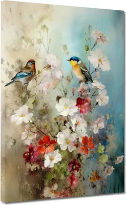Produktbild von Blumen mit Vögel abstrakte Kunst Leinwandbild Wandbild Kunstdruck XL Deko: 120x160x4cm