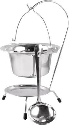 A stainless steel serving set with a mini-kettle, stand, and ladle.