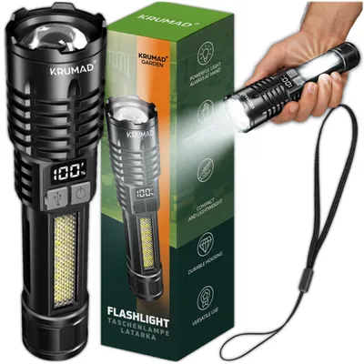 Obrázek produktu pro KRUMAD LED svítilna Dobíjecí - výkonná ruční svítilna s bočním světlem COB, 5 režimy a indikátorem stavu baterie - vodotěsná svítilna USB-C pro kempování a nouzové situace