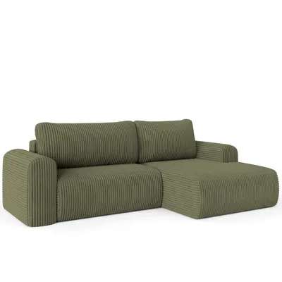 A green corduroy sectional sofa against a white background.