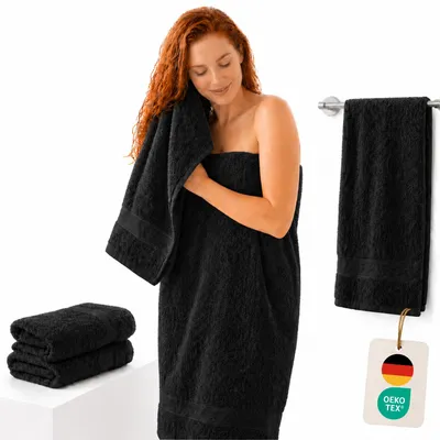 Produktbild von Komfortec 2er Set Duschtücher, 70x140cm Größe, Doppelpack, %100 Baumwolle, Handtücher, Frottee, Weich, Saugstark, Schwarz, KI-generiertes Bild
