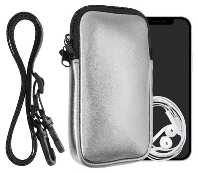 Produktbild von kwmobile Handytasche für Smartphones L - 6,5" - Neopren Handy Hülle Metallic Grau mit Kordel - Handy Tasche mit Handykette 16,5 x 8,9 cm Innenmaße