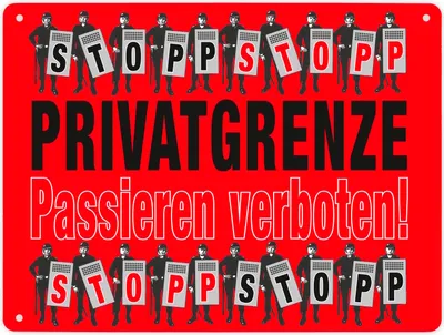 Produktbild von Privatgrenze Metallschild XL in 21x28 cm in rot mit Spruch Passieren verboten