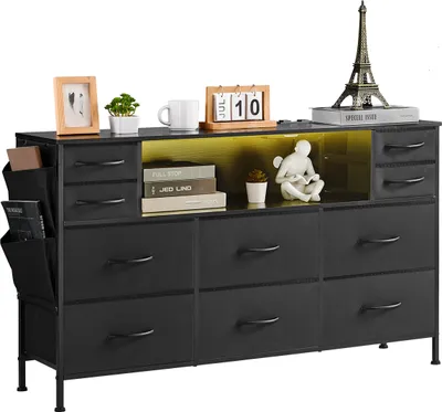 Image de Commode en tissu VEVOR avec 10 tiroirs, lampes LED et prises de courant intégrées, tour de rangement pour les armoires de couloir de la chambre à coucher, noir