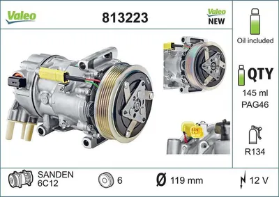 Produktbild von VALEO 813223 SD6C12 Klimaanlage Klimakompressor PAG 46 R134a passend für PEUGEOT 2008 Kombi (CU) 207 (WA, WC) 207 CC (WD) 208 I Schrägheck (CA, CC)