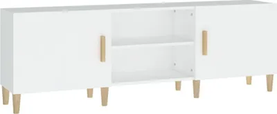A white TV cabinet with wooden legs and handles, shown from the front.