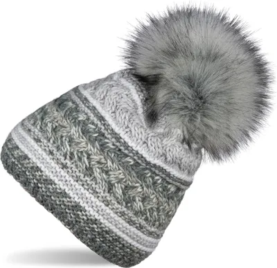 Produktbild von styleBREAKER Damen Strick Bommelmütze mit buntem Mustermix und Fleece Futter, Winter Fellbommel Mütze, Strickmütze 04024202