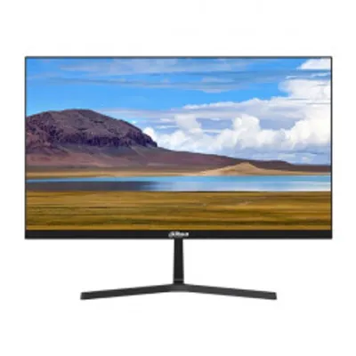 A computer monitor displaying a landscape image, placed on a stand against a white background.