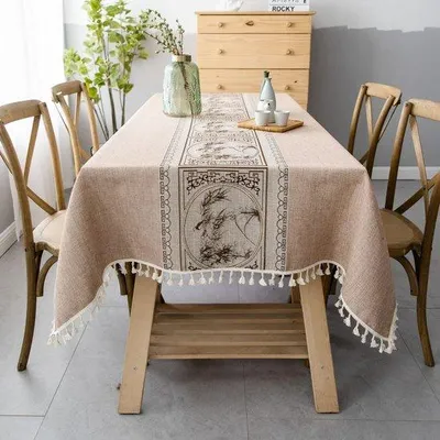 Produktbild von Unyqoos® Rechteckige Tischdecke aus Baumwoll-Leinen-Mischung mit dezenten Quasten & 3D-Jacquard – vielseitig für Ess-, Kaffee- und Gartentisch