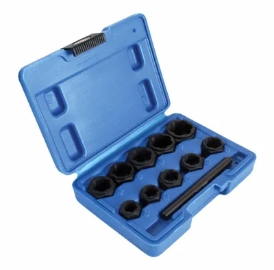 Zdjęcie produktu dla Ściągacz do nakrętek SATRA, nasadka 9-19 mm, zestaw ściągaczy, 11-częściowy, do odkręcania uszkodzonych śrub nakrętek, zestaw narzędzi do odkręcania